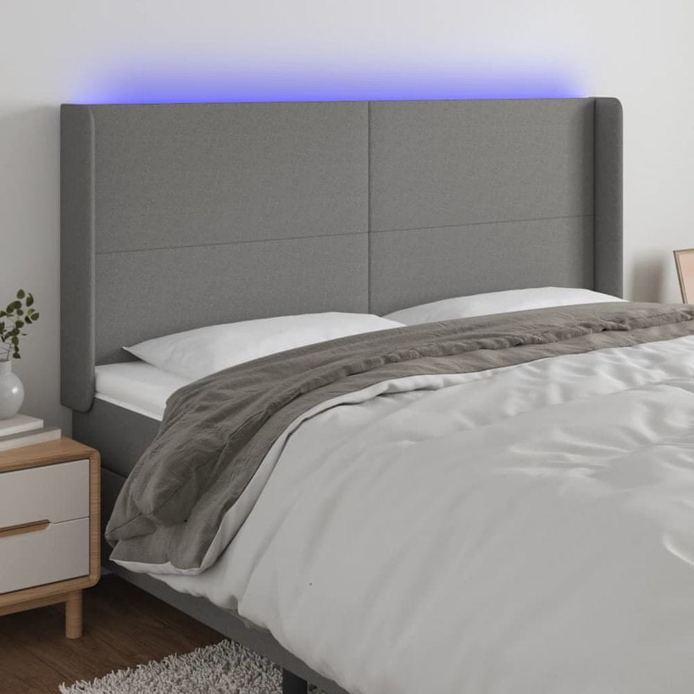 Vidaxl Čelo postele s LED tmavosivé 203x16x118/128 cm látka